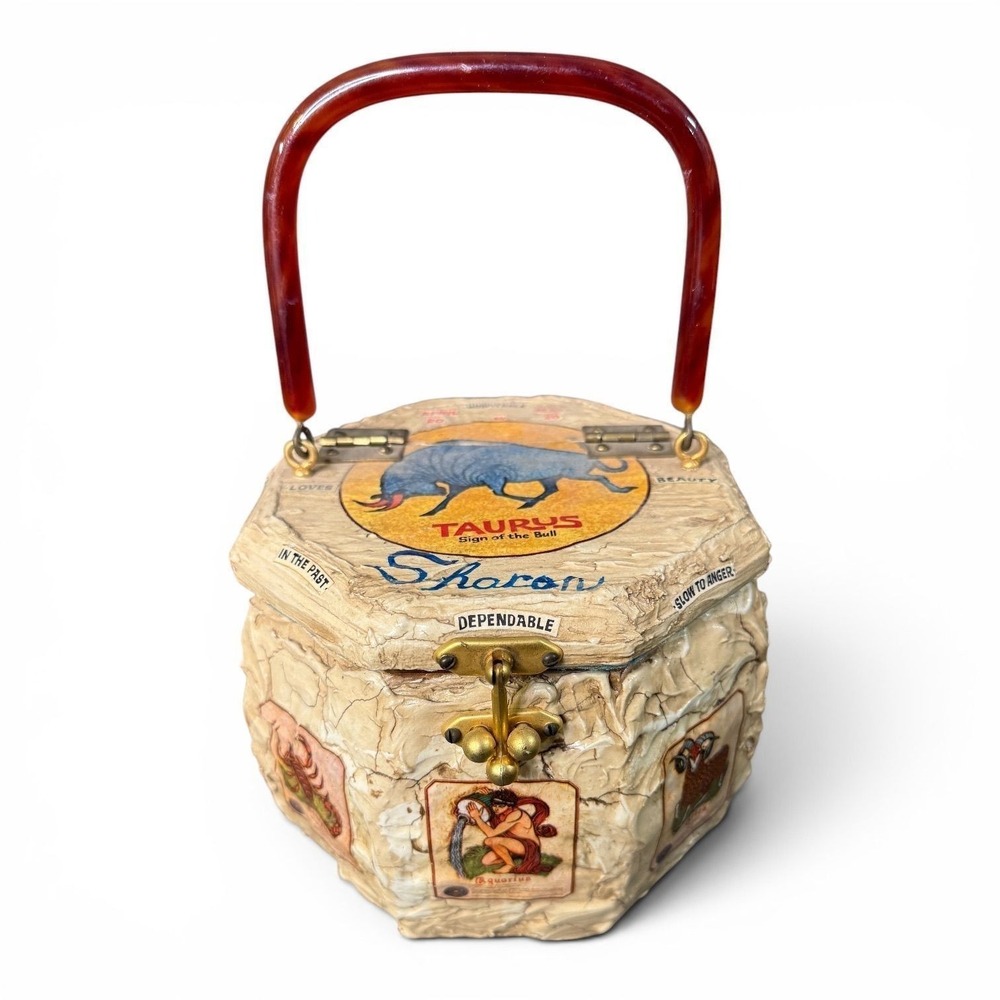 Vintage Taurus Zodiac Decoupage Box Purse Sharon Personalized Hexagon Bag Amber